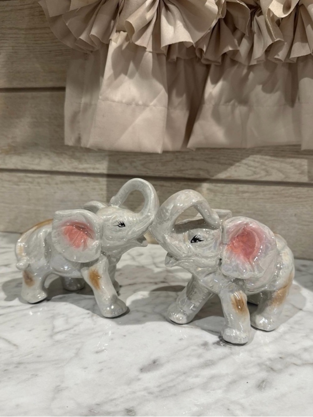 Ceramic Elephant Figurine Pair - Pink Ear Accent